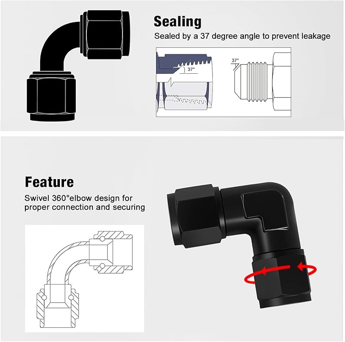 10AN Female to 10AN Female 90 Degree Swivel Coupler Fitting Adapter 7/8-14UNF Thread Aluminium Black 2PCS