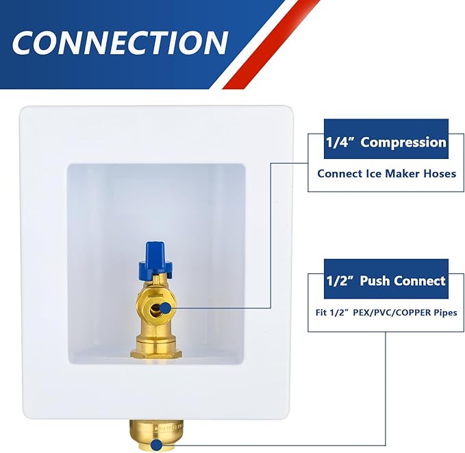 Ice Maker Outlet Box,1/2 Inch Push-fit Inlet and 1/4 Inch OD Compression Outlet Connection, Icemaker Box with Installed 1/4-Turn Ball Valve