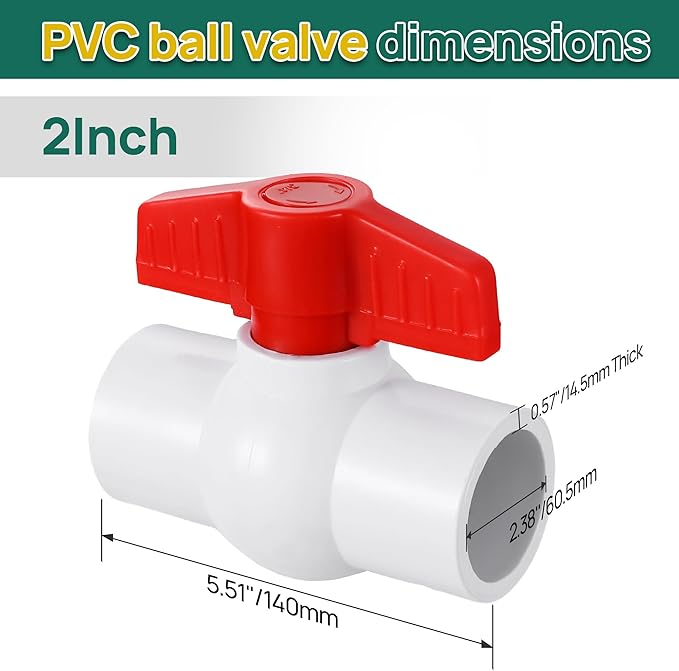 2" PVC Ball Valve, 2 Pcs Red T-Handle Shut-Off Valve for Cold Water Supply Lines and Outdoor Plumbing