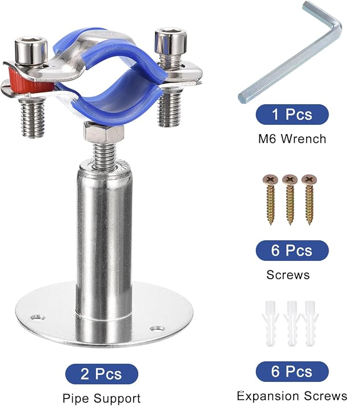 uxcell 2Pcs Stainless Steel Pipe Supports Wall Mount Ceiling Mount Pipe Bracket Adjustable Clamp Pipe Strap Fit for Dia 25-27mm Pipe Tube