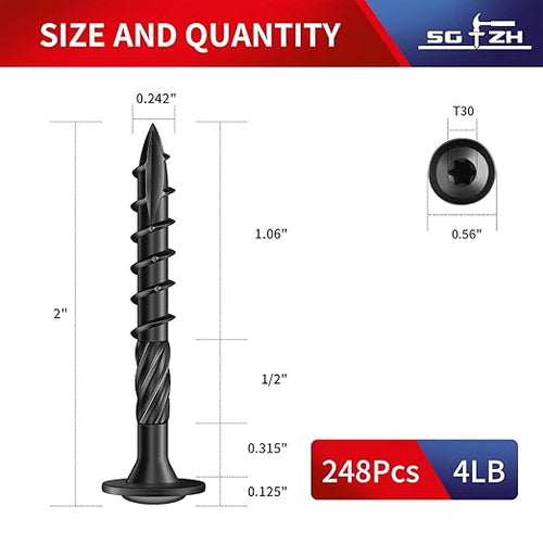 #14 x 2 Inch Lag Screws (248Pcs) 4lb. Structural Wood Screw, Black, Carbon Steel, Washer Head, Rust Resistant epoxy Coated, T30 Torx Bit