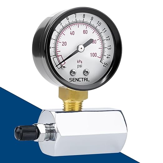 SENCTRL 0-15 Psi Gas Pressure Test Gauge, 2" Dial Size, 3/4" FNPT Connection, Brass Valve, Chrome Plated Steel Body Assembly