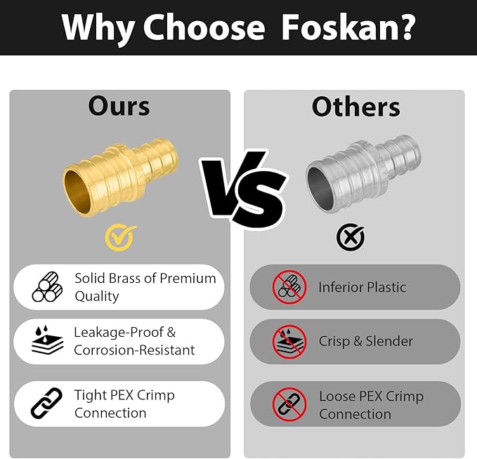 200-Pack Foskan 1/2" x 3/4" PEX Straight Reducing Coupling,Brass Crimp Fittings for PEX Tubing Pipe