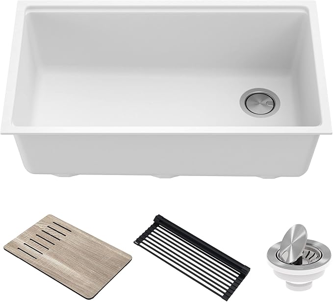KRAUS Kitchen Sink Bellucci 32” Undermount Workstation Granite, Metallic White, Accessories, KGUW1-33WH