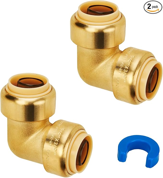 SUNGATOR PEX Elbow, 3/4-Inch Push Fit 90-Degree Plumbing Fitting Pipe Connector with Disconnect Clip, Push-to-Connect, Copper, CPVC, No Lead Brass (2-Pack)