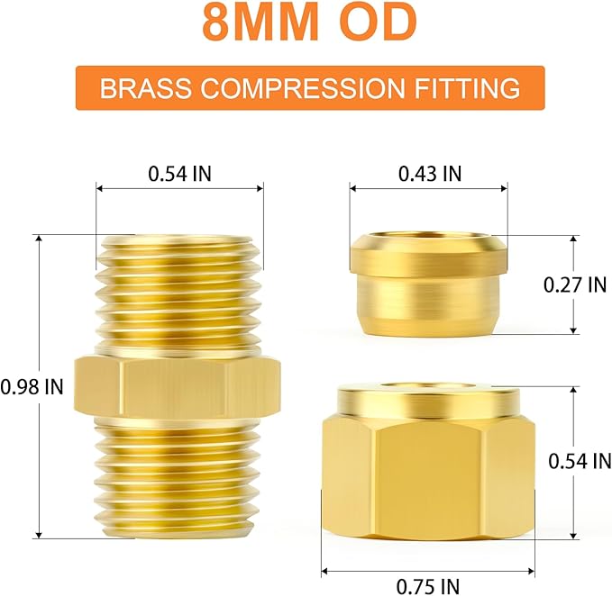 GASHER 5PCS Brass Compression Tube Pipe Fitting Connector, 8mm Tube OD Connector