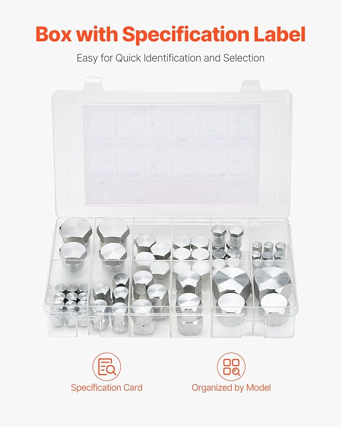 VEVOR 72 PCS JIC Hydraulic Fittings, Heavy Duty Master Industrial Hydraulic Cap and Plug, Hose Tube and Pipe Fitting Kit Cap and Plug Kit Precision Threading in 37° Dash Sizes 4 6 8 10 12 16