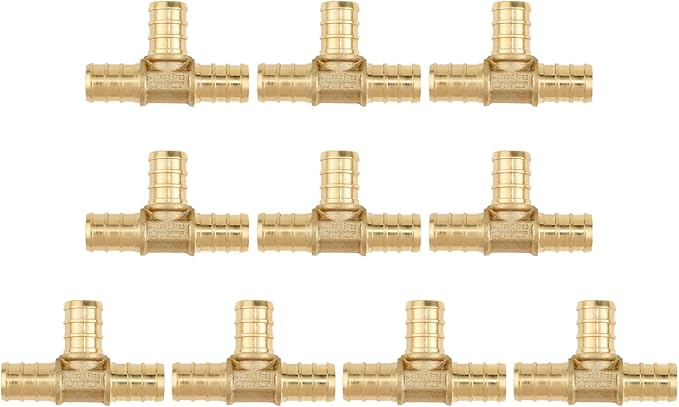 10 Pack 3/4" Brass Pipe Fitting PEX Tee Fittings - Anti-Corrosion, Lead-Free, 5 Year Warranty - Easy Installation with Multiple Certifications for Plumbing and Home DIY (3/4" Tee, 10)