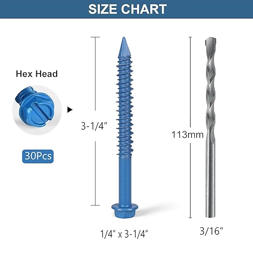 1/4 x 3-1/4 Inch 30Pcs Concrete Screws, Hex Head Screw Anchor with Drill Bit, for Masonry, Block, Brick, Cement, Stucco, Diamond Point