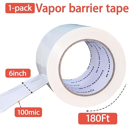 Vapor Barrier Tape 6 Inch x 180' x 4mil 1-Pack Moisture Barriers Seal and Seam Tape, White Polyethylene Tape for Crawl Space,Waterproofing, Underlayment,Metal Building and Plastic Sheeting