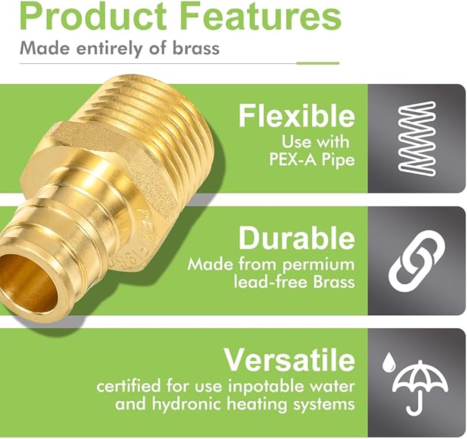 10 Pack 1/2" Pex-A Expansion Male Adapter, 1/2" NPT to 1/2" PEX Brass Expansion PEX-A Fittings,Zero-Lead Brass NSF/ANSI 61 NSF 372 Certificate, ASTM F1960 Certified
