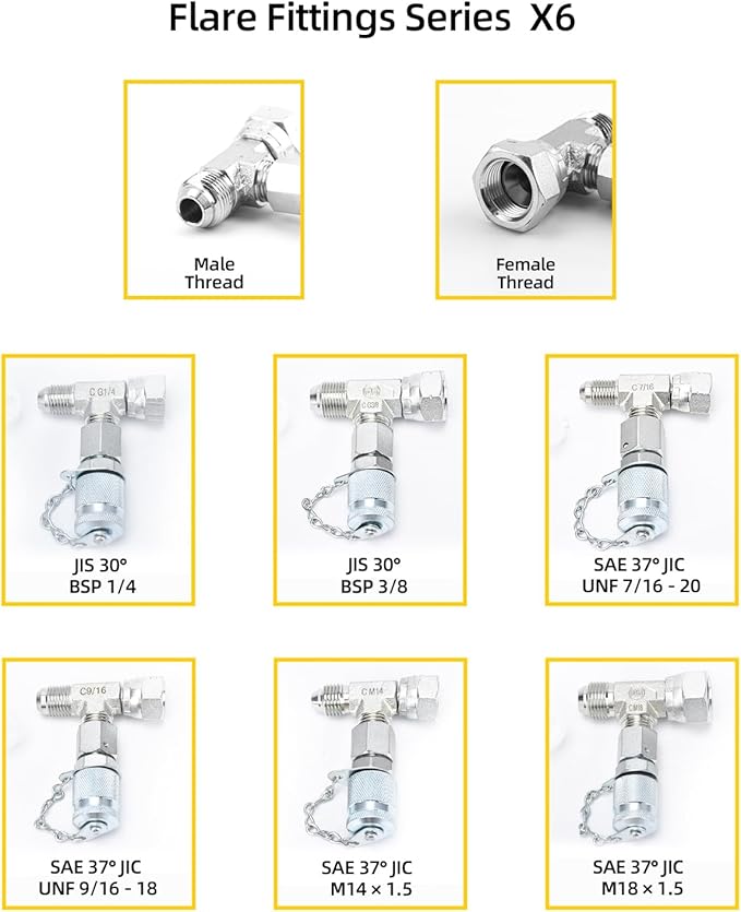 14Pcs Tee Fittings Connector Set - Hydraulic Fitting Tee Kit Include JIC37 and JIS30 Test Fittings, for Excavators and Construction Machinery Hydraulic Systems