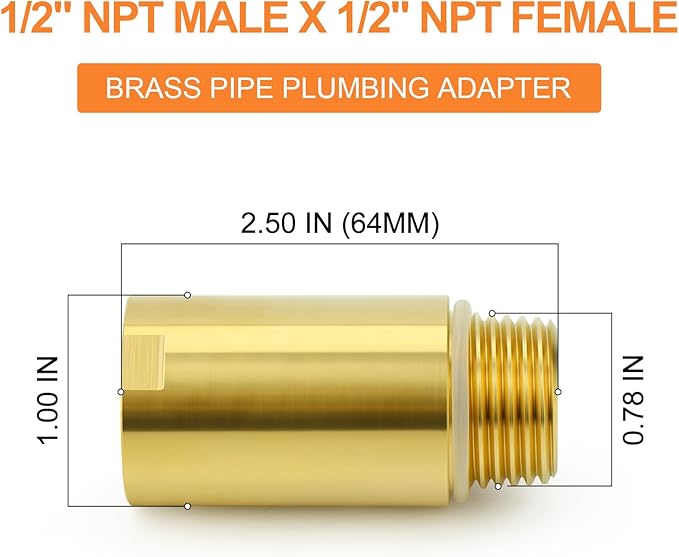 GASHER 2Pcs Brass Pipe Plumbing Adapter with Rubber O-ring, 1/2" NPT Male x 1/2" NPT Female Pipe Fitting Coupler,Length 2-1/2 Inch