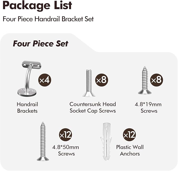 Stair Railing Bracket, 4 Pack Stainless Steel 304 Wall Mount Handrail Bracket Stair Railing for 1-7/8 inch (48.3mm), Brush Finish