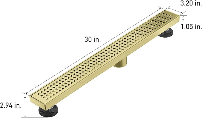 Linear Shower Floor Drain, Brushed Gold 30 Inch 304 Stainless Steel Bathroom Drains Kit, Long Rectangular Shower Trench Drain with Square Pattern Drain Cover & Hair Catcher