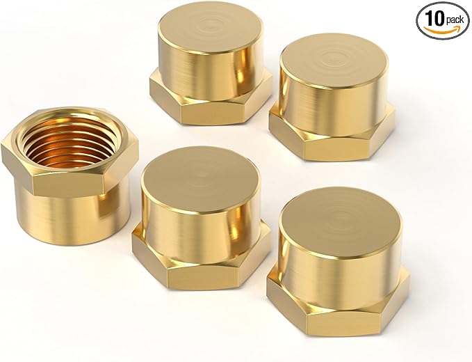 GASHER 1/4"NPT Brass Pipe Cap, NPT Female Thread Socket Pipe End Cap Plugs Fitting 10PCS