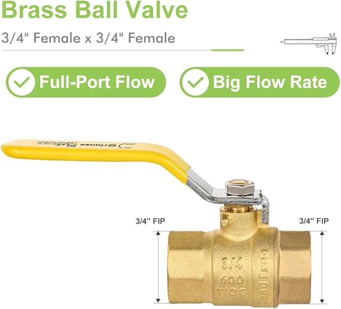 10Pack ORIANSE 3/4 Inch FIP Threaded Ball Valve, Brass Full Port 3/4" Female NPT x 3/4" Female NPT, 150PSIG working steam pressure, 600WOG 1/4-Turn Shut Off Ball Valve for Water Oil Gas