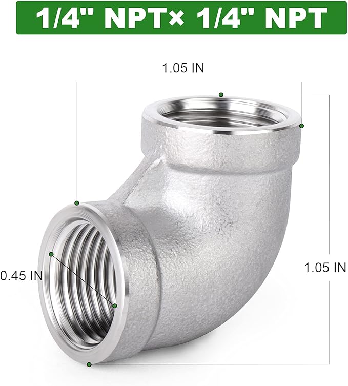 TAISHER 5PCS 304 Stainless Steel 90 Degree Elbow Fittings, 1/4 Inch NPT Female Pipe to 1/4 Inch NPT Female 304 Stainless Pipe Fitting