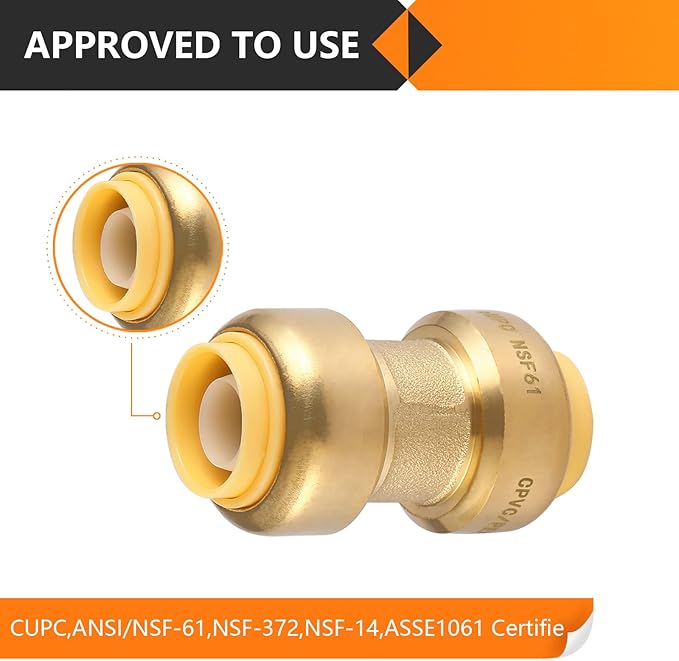 HeSun 10-Pack 3/4" Push-to-Connect Brass Coupling for PEX, Copper, CPVC, PE-RT Pipes