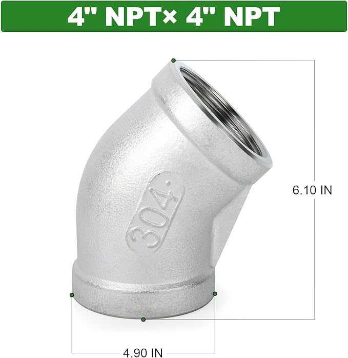 TAISHER 1PCS 304 Stainless Steel 45 Degree elbow,4" NPT Female x 4" NPT Female 304 Stainless Pipe Fitting