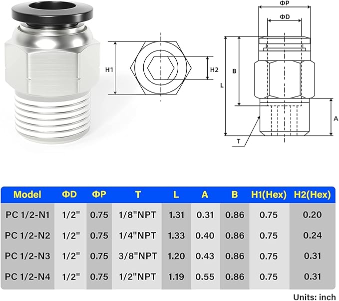 TAILONZ PNEUMATIC Male Straight 1/2 Inch Tube OD x 3/8 Inch NPT Thread Push to Connect Fittings PC-1/2-N3 (Pack of 5)