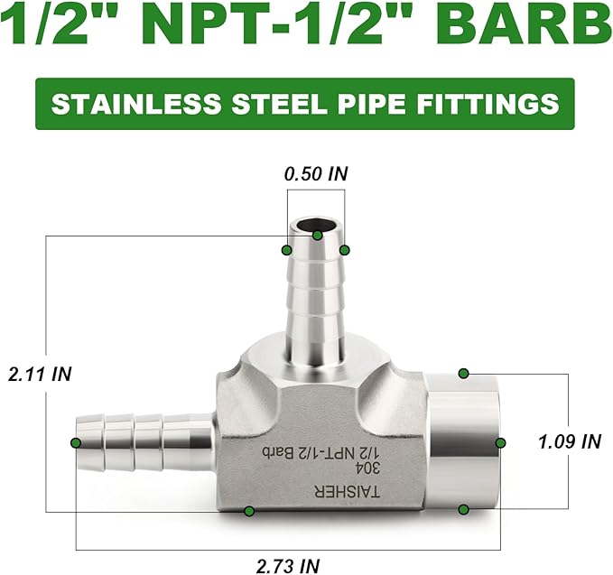 TAISHER 1PCS Forging of 304 Stainless Steel 3 Way Tee Hose Barb Fitting, 1/2" Hose Barb x 1/2" Hose Barb x 1/2" NPT Female for Fuel/Air/Lquid/Gas with 2PCS Hose Clamp