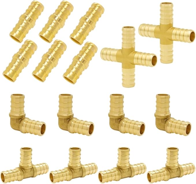Hooshing 16PCS PEX Fittings Combo 3/4 Inch Straight Coupling (6PCS) 90 Degree Elbow (4PCS) PEX Tee (4PCS) 4 Ways Fittings(2PCS) Solid Brass Barb Crimp Pipe Tube Fitting