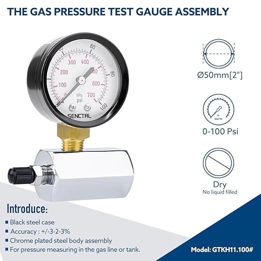 SENCTRL 0-100 Psi Gas Pressure Test Gauge, 2" Dial Size, 3/4" FNPT Connection, Brass Valve, Chrome Plated Steel Body Assembly