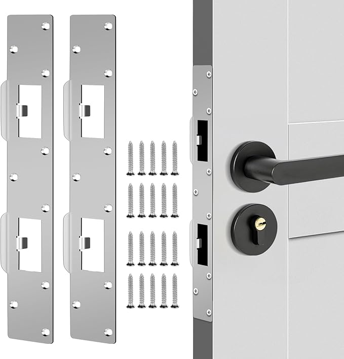 Double Holes Latch Reinforcement Plate Heavy Duty Security Latch Plate Security Striker Plates for Exterior Interior Door Deadbolt Fix Door Frame for 4.5 inch Hole Center (Silver-2Pcs)