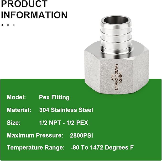 TAISHER 2PCS 304 Stainless Steel Pex Fittings,1/2" Pex x 1/2" NPT Female,1/2" Pex Fitting With 2PCS Hose Clamp For Pex Tubing Pipe