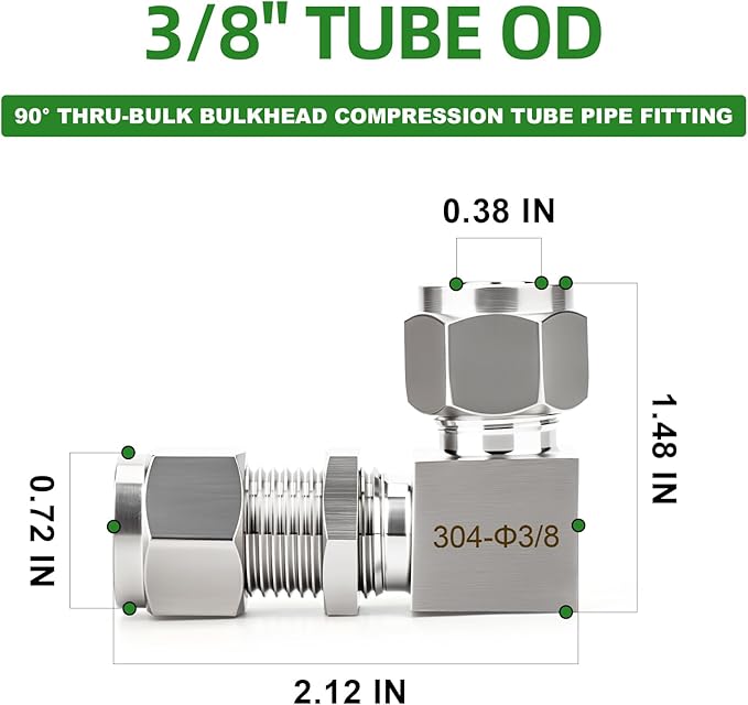 TAISHER 1PCS 304 Stainless Steel 90 Degree Thru-Bulk Bulkhead Compression Tube Pipe Fitting Connector, 3/8" Tube OD x 3/8" Tube OD Straight Adapter