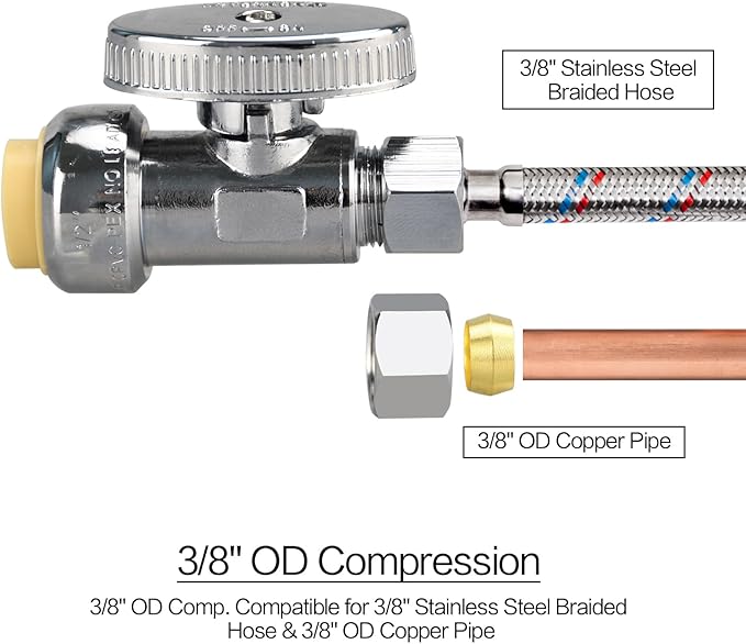 5pcs Stop Valves, 1/2" × 3/8" Straight Stop Valve, 1/2" PTC Input, 3/8" OD Compression Output, Push to Connect, 1/4 Turn, Chrome Plated Brass for Faucet, Toilet Valves, No Lead