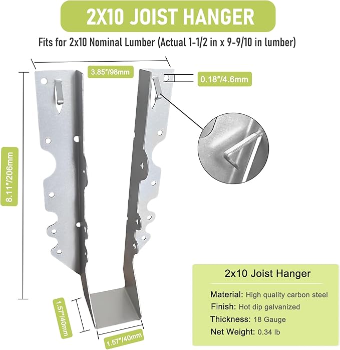 (20 Pack) 2‘' X 10'' Joist Hanger 18 Gauge Double Shear Face Mount Joist Hangers for Wood, Floor Deck and Ceililng Joists