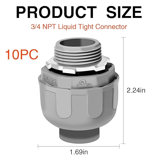 3/4 Liquid Tight Connector - 10 Pack Liquid Tight Conduit 180 Degree PVC Electrical Conduit Fitting Non Metallic Straight Flexible Conduit Connectors for Indoor Outdoor Home, Kitchen, and Bathroom