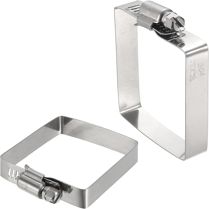 uxcell 2Pcs 304 Stainless Steel Rectangular Hose Clamp, Adjustable 2 x 2 Inch Square Worm Gear Duct Pipe Tube Clamps for Ducting Bracket Cable Tray Bridge Project Systems, Silver