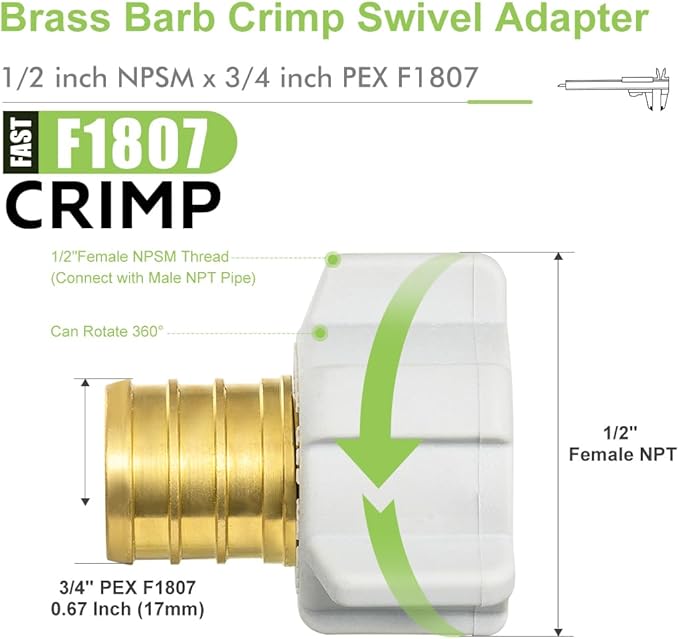10 Pack ORIANSE Female NPT Swivel Adapter, PEX 3/4" x 1/2" NPSM Female Threaded Brass Barb PEX Fittings, Full Port for pex pipes, NSF/ANSI 61 NSF 372 Certificate, ASTM F1807 Certified