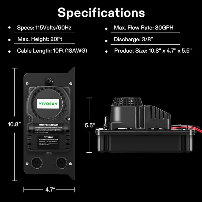 VIVOSUN Automatic Condensate Removal Pump with Transparent Base, 115 Volts/60Hz, 80GPH, 1/30 HP, Safety Switch and Tubing for Air Conditioners, Dehumidifiers, Ice Machines, and Furnaces