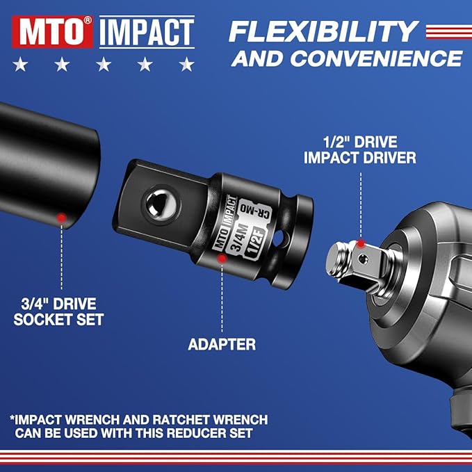 MTO 1/2" Female to 3/4" Male Impact Socket Adapter, 1/2-Inch Impact Socket Adapter, Chrome Molybdenum Alloy Steel