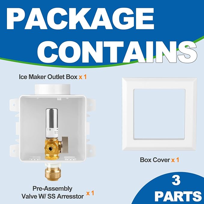 Ice Maker OutLet Box With Stainless Steel Water Hammer Arrestor,1/2 Inch Push-Fit Inlet x 1/4 Inch OD Compression Outlet,1/4 Turn Ball Vavle Outlet Box For Refrigerator,Water Dispenser