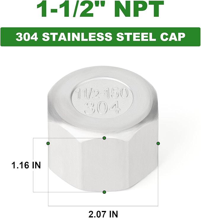 TAISHER 2PCS 304 Stainless Steel Cap Pipe Plug Socket Fitting 1-1/2" NPT Female