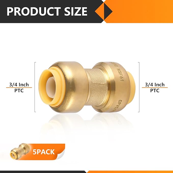 HeSun 5-Pack Pushfit Coupling, 3/4"x3/4" Push to Connect Plumbing Fittings with Disconnect Clip, Brass Push-fit Fittings for PEX, Copper, CPVC, PE-RT Pipes