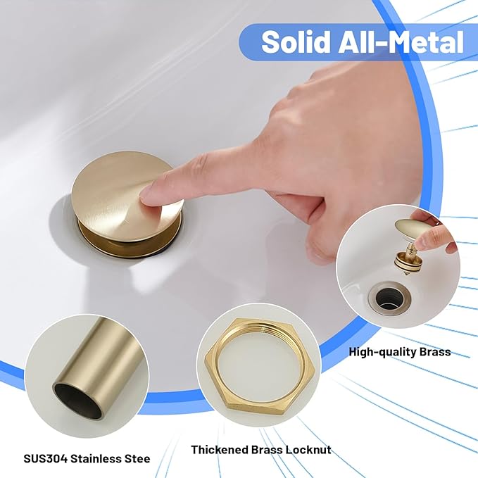 BWE Bathroom Vessel Sink Drain Stopper with Overflow One Piece Pop Up Drain Assembly with Strainer for Bathroom Vessel Vanity Faucet Brushed Gold