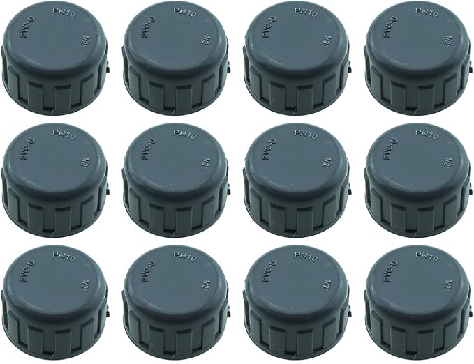 12-Piece 1/2 Inch PVC Inner Teeth Pipe Plugs - PVC Threaded Water End Cap Connectors for Irrigation Systems and Water Supply Lines