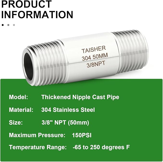 TAISHER 2PCS Stainless Steel Pipe Fittings, 3/8" NPT Male x 3/8" NPT Male Threaded, 2" Length Thickened Nipple Cast Pipe