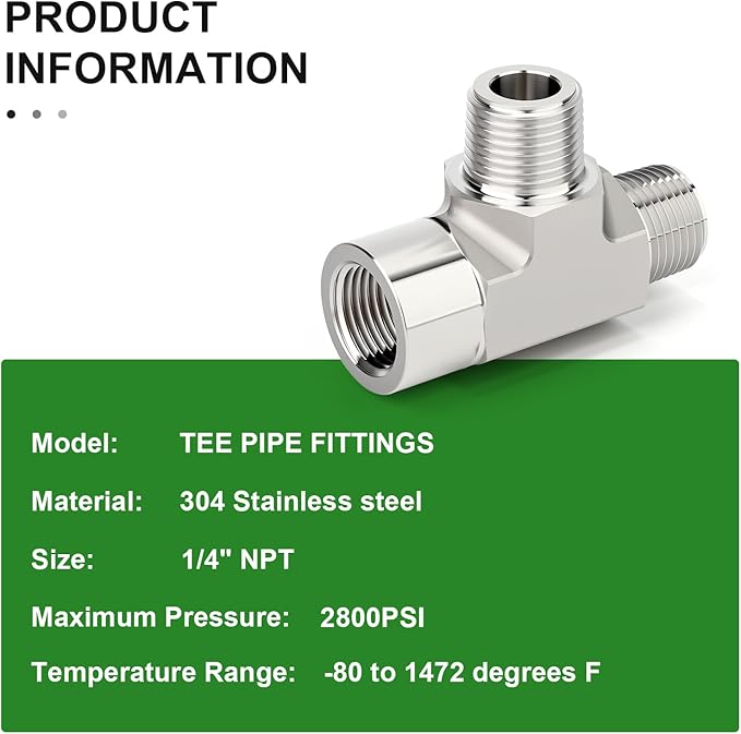 TAISHER 1PCS Forging of 304 Stainless Steel Tee Pipe Fittings, 1/4" NPT Female x 1/4" NPT Male x 1/4" NPT Male Pipe Fittings, Female Run Tee