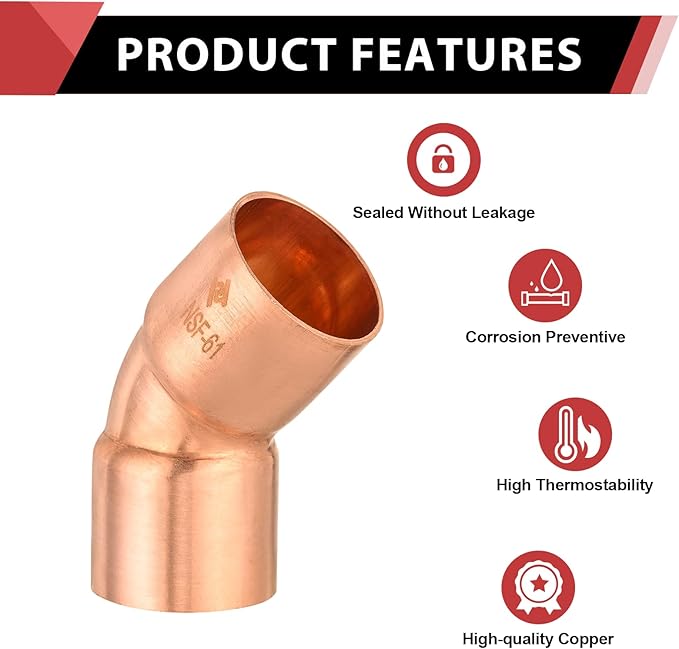EFIELD 2" C X C Copper 45 Degree Elbow, LF Short Turn Copper Plumbing Fittings with Sweat Solder Connection,NSF Certified,(COPPER074)