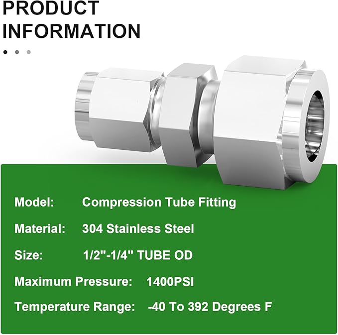 TAISHER 2PCS 304 Stainless Steel Compression Tube Pipe Fitting Connector, 1/2" Tube OD x 1/4" Tube OD Straight Adapter