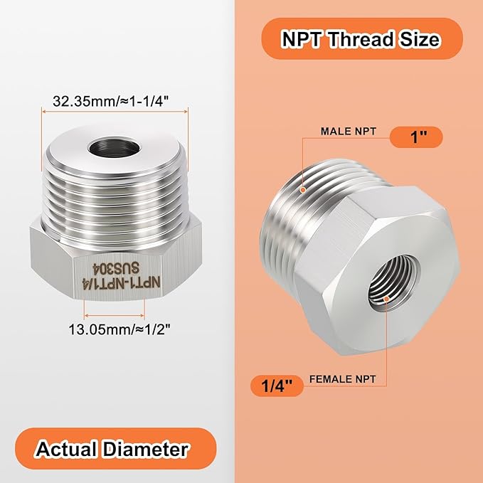1 Pack 304 Stainless Steel Male to FeMale Adapter, 1" Male NPT x 1/4" FeMale NPT Hex Bushing Reducer for Industrial, Automotive, Fluid Transfer, Home Gardening, Water Treatment