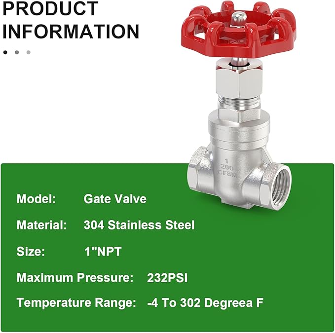 TAISHER 1PCS 304 Stainless Steel Gate Valve, 1" NPT Female Rotary Sluice Valve With Wheel Handle, For Water, Oil, Gas