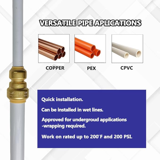 HQMPC Push Fit PEX Fittings Straight Coupling 1/2"x3/4", Push-to-Connect Copper, CPVC, No lead Brass Plumbing Fittings (2PCS 1/2"x3/4")